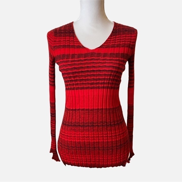 Helmut Lang Striped Ribbed Merino Wool V-Neck Knit Top - Picture 10 of 10